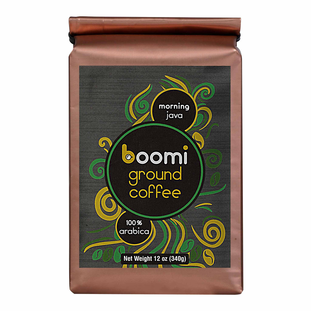 Boomi Premium Ground Coffee Morning Java, Medium Roast, Perfectly Balanced, Always Smooth, Made with 100% Arabica Beans, 12 Ounce Bag