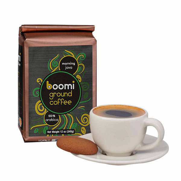 Boomi Premium Ground Coffee Morning Java, Medium Roast, Perfectly Balanced, Always Smooth, Made with 100% Arabica Beans, 12 Ounce Bag