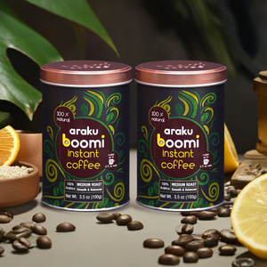 Araku Boomi Instant Coffee. Medium Roast. Pure Coffee. Low Acid. Made from award winning Araku valley beans. Tastes like a filter coffee. 100% Arabica.